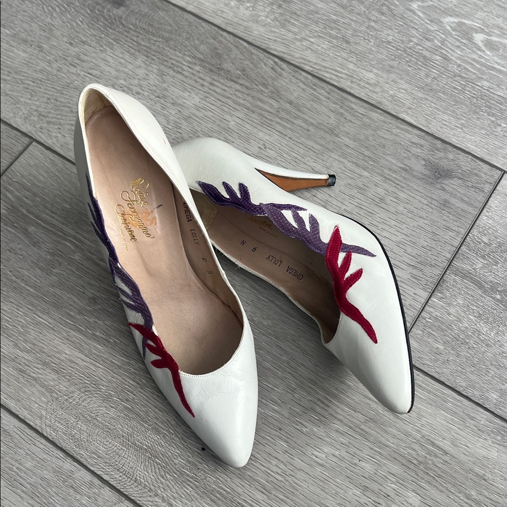 Vintage Salvatore Ferragamo White Heels with Red and Purple Snakeskin - Picture 10 of 10